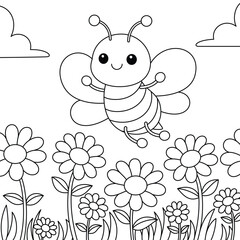Cute kawaii cartoon character bee in the flower garden coloring page for kids