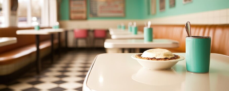 A cozy diner scene featuring a table with a dessert, showcasing teal accents and a checkered floor.