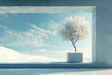 Minimalist Winter Scene Snowscape Viewed Through Modern Architectural Frame