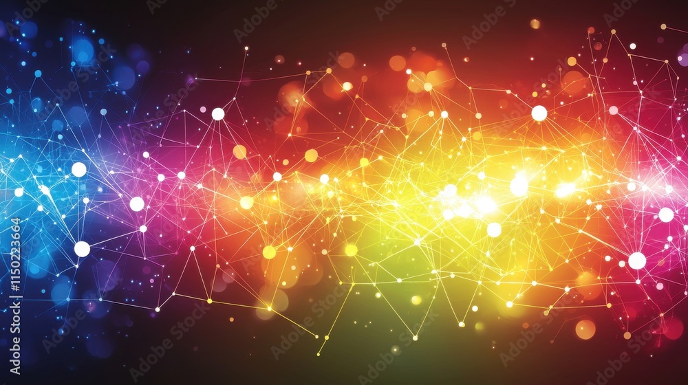 Poster abstract glowing dots connected by lines over dark background with vibrant colors and light effects