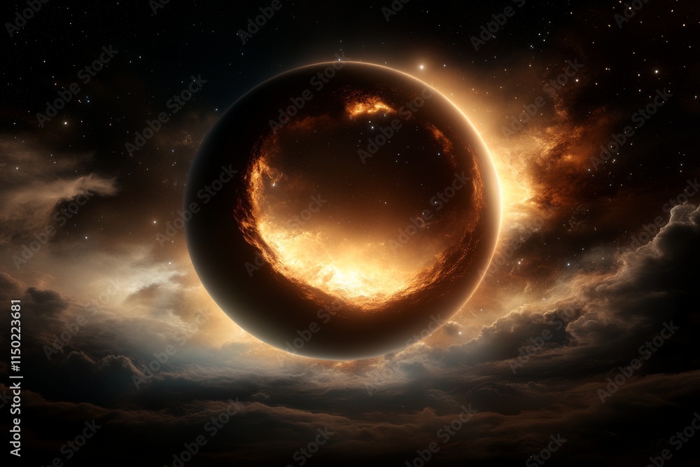 Poster celestial event with a glowing planet surrounded by swirling clouds in a starry sky during twilight