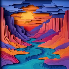 Sunset river journey through colorful canyons natural landscape serene environment artistic viewpoint