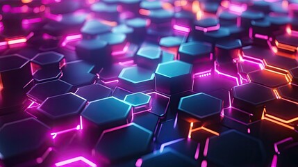 Obraz premium Hexagonal abstract tech background with vibrant glowing hexagons interconnected, evoking high-tech communication design.