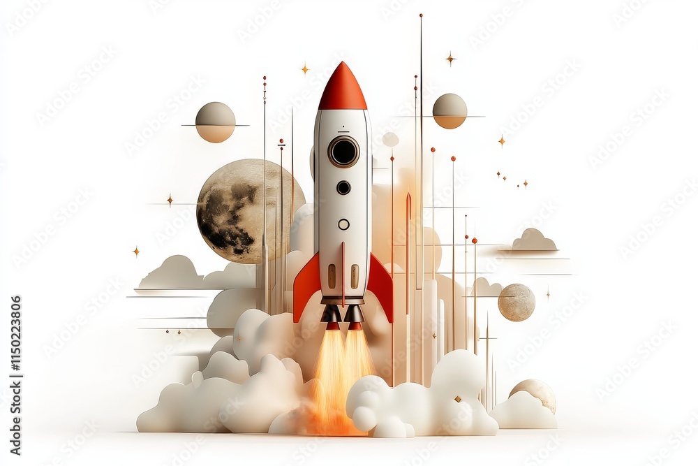 Aufkleber rocket launching into space with clouds and planets in the background during a bright day