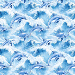 Summer seamless pattern watercolor dolphins in waves ocean background artistic design vibrant marine environment