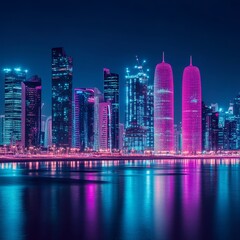 Vibrant City Skyline Illuminated by Colorful Lights Showcasing Modern Architecture at Night