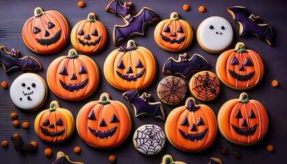Generated image A vibrant assortment of Halloween-themed cookies shaped like pumpkins, bats, and ghosts