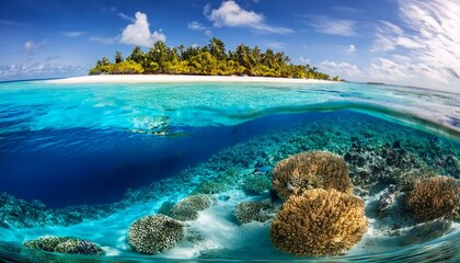 Fototapeta premium Generated image A vibrant coral atoll seen from underwater, with the island's sandy shore visible above