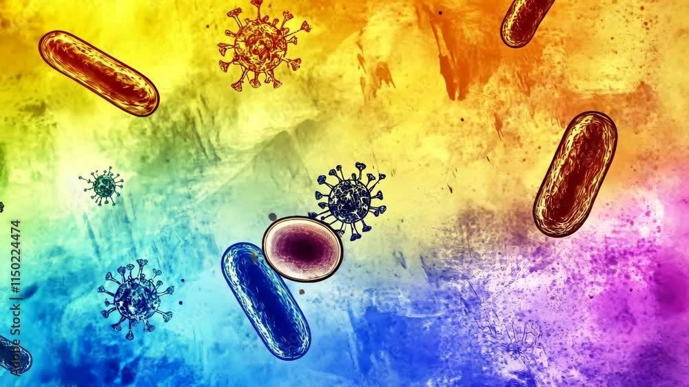 Poster colorful representation of microscopic organisms showcasing diversity in shapes and forms under a br