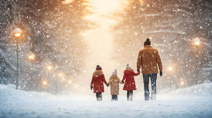 Joyful Family Playing in Snow Together with Plain Background and Copy Space for Text or Branding