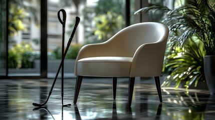 Empty Chair with Cane on Glossy Surface Symbolizing Senior Care and Support in Intergenerational Concept