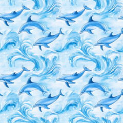 Summer seamless watercolor pattern of dolphins ocean waves vibrant marine life coastal bliss artistic inspiration