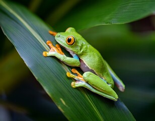 Fototapeta premium Generated image A vibrant green tree frog resting on a leaf amidst lush tropical foliage during daylight