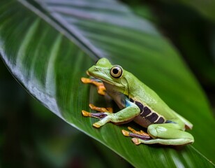 Fototapeta premium Generated image A vibrant green tree frog resting on a leaf amidst lush tropical foliage during daylight