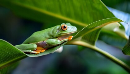 Generated image A vibrant green tree frog resting on a leaf amidst lush tropical foliage during daylight