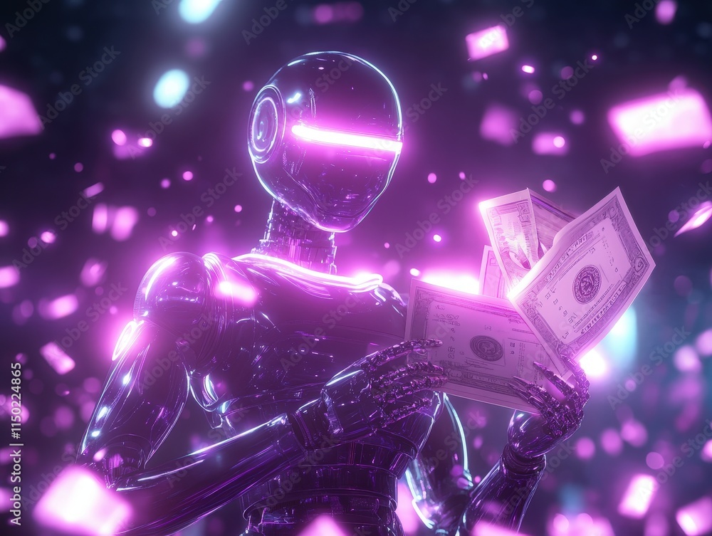Poster a futuristic robot with glowing features holds cash amidst a vibrant, digital backdrop filled with f