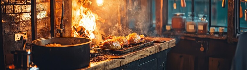 Delicious grilled meat with flames in a rustic kitchen setting.