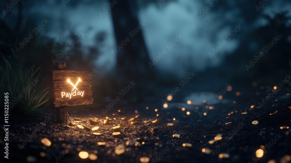 Poster a mysterious path illuminated by glowing orbs leads to a sign, creating an enchanting, magical atmos