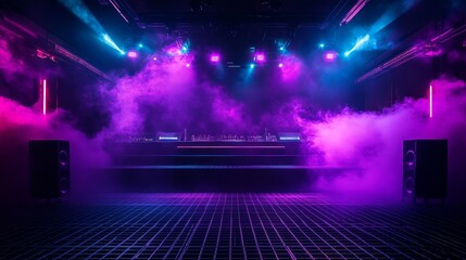 Vibrant Nightclub Atmosphere Featuring Neon Lights and Fog on the Dance Floor During an Electrifying Music Event at Late Night