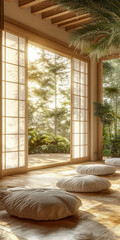 Fototapeta premium Relaxation space with natural light and greenery in a tranquil setting