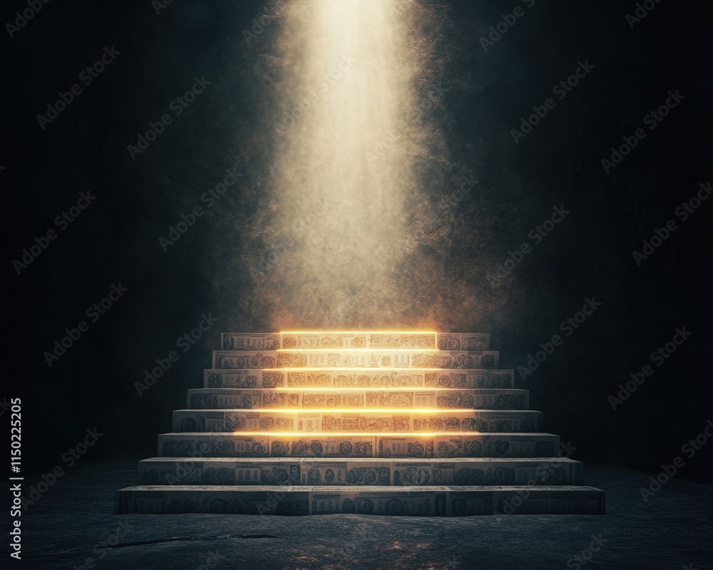 Poster a mystical staircase illuminated by a beam of light, creating an ethereal atmosphere in a dark setti