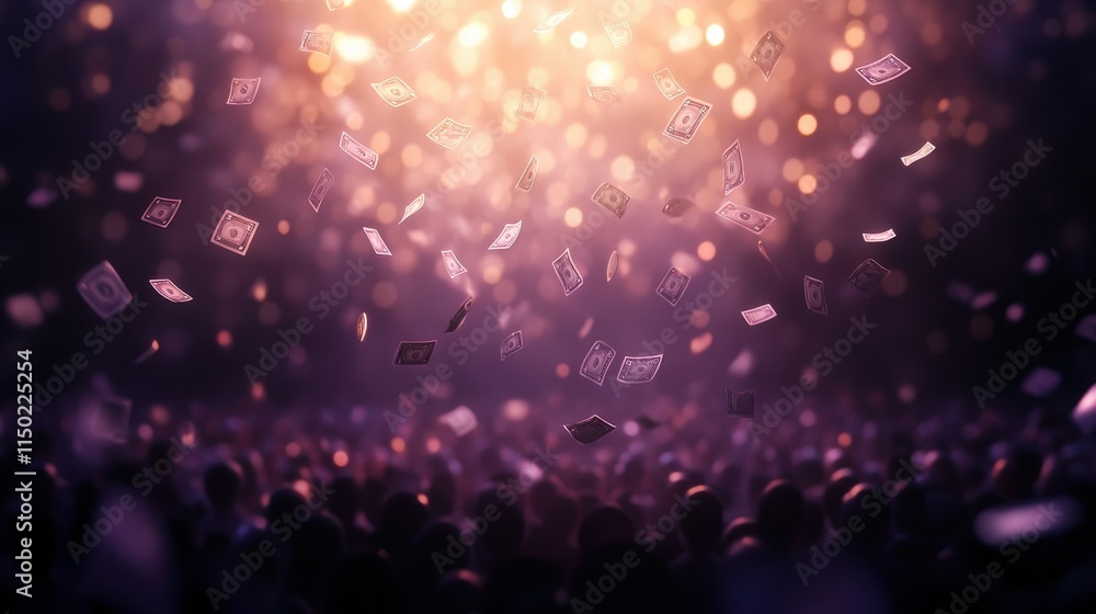Poster a vibrant scene with colorful lights and floating confetti above a crowd, creating a festive and cel