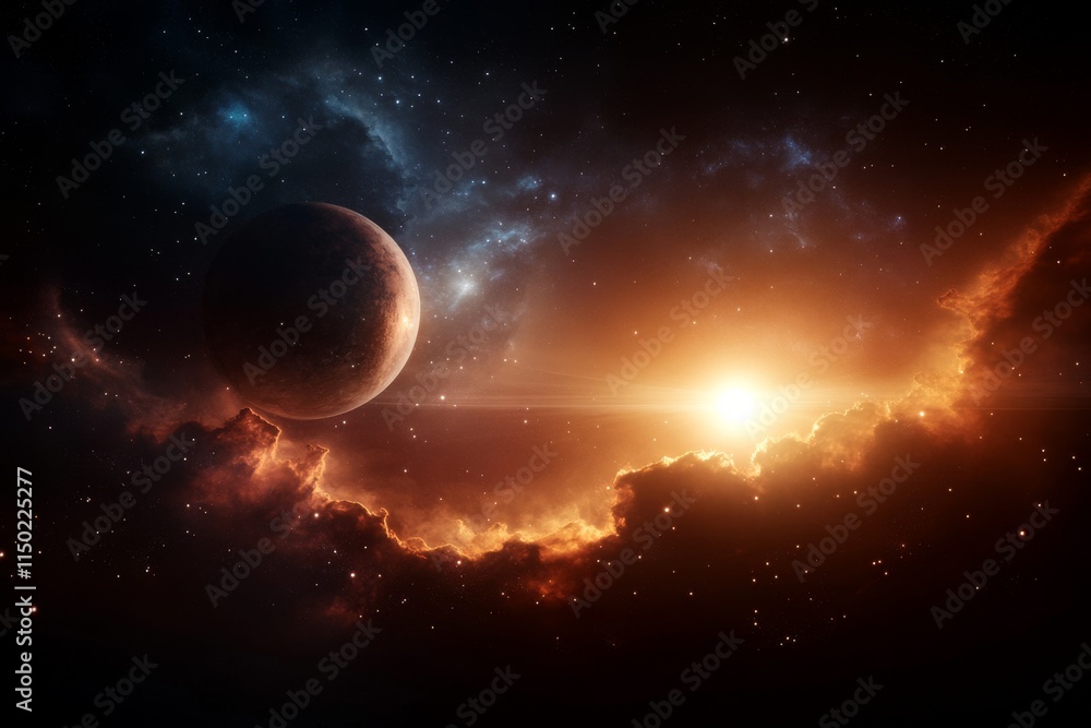 Poster celestial view of a planet surrounded by vibrant clouds and glowing stars during dawn in deep space