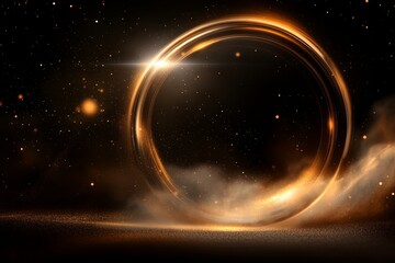 Obraz premium Golden swirling portal surrounded by cosmic dust and sparkling stars in a dark galaxy