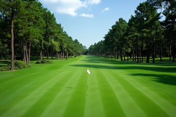 Fototapeta premium A serene golf course surrounded by lush trees, with a flag marking the hole visible in the distance