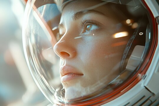 Woman in a space suit gazing thoughtfully through a helmet visor, reflecting on her journey in a futuristic setting