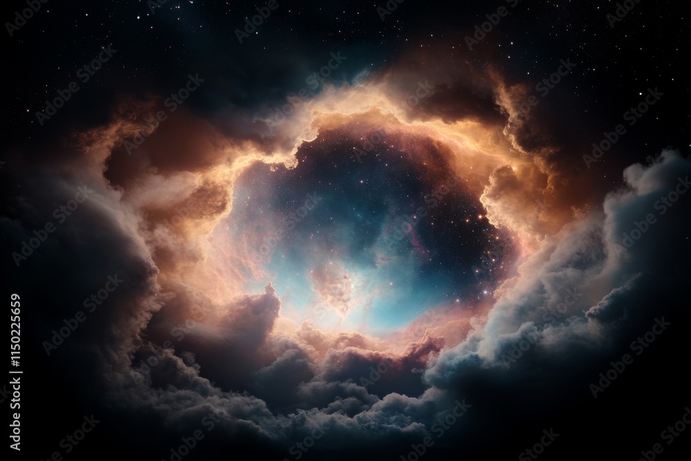 Poster vibrant cosmic clouds illuminated by stars in a mesmerizing celestial display