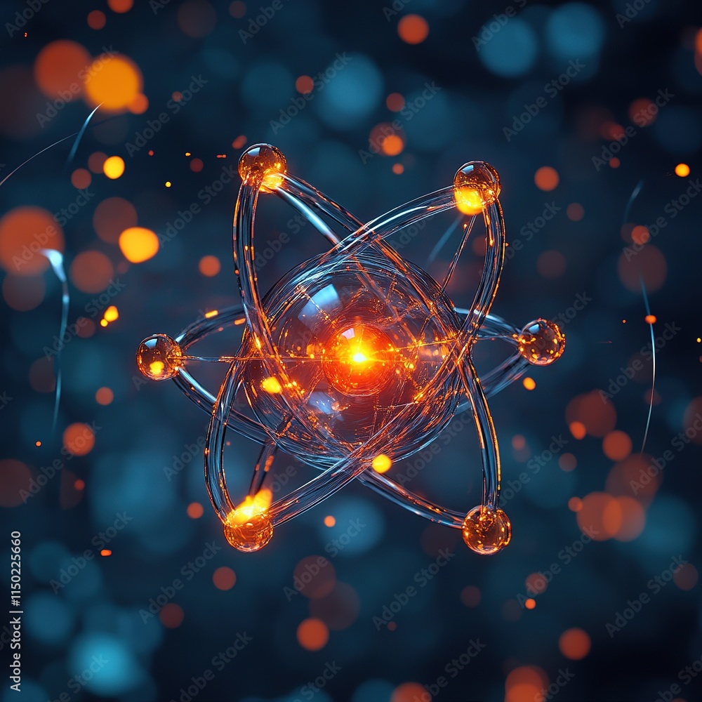 Poster dynamic atomic structure visualization in scientific research digital art dark background abstract c