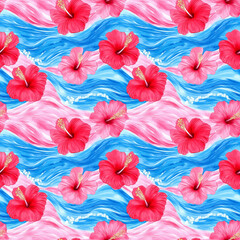 Summer seamless watercolor pattern featuring hibiscus flowers vibrant coastal environment tropical vibe