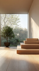 Modern interior design showcases wooden stairs leading to a serene garden view