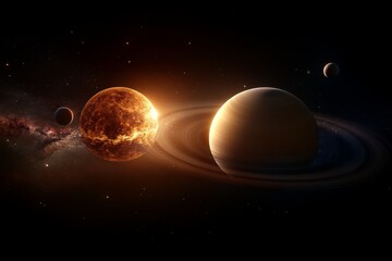 Exploration of celestial bodies featuring a fiery planet next to a ringed giant situated in deep...