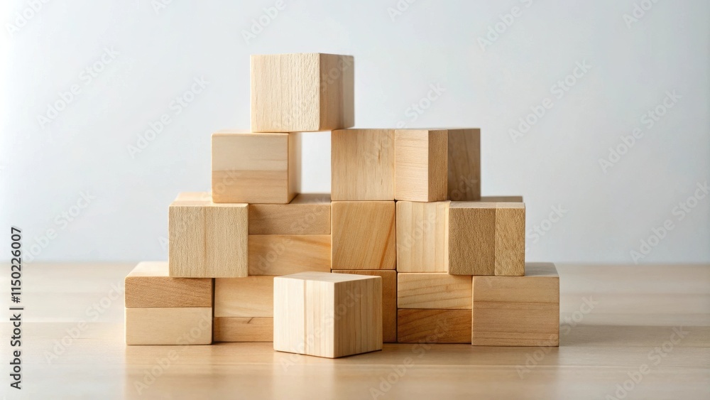 Poster Unconstructed Wooden Blocks Forming an Abstract Structure on a Table