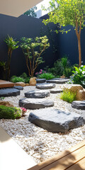 Tranquil garden with stepping stones and lush greenery in a modern landscape design