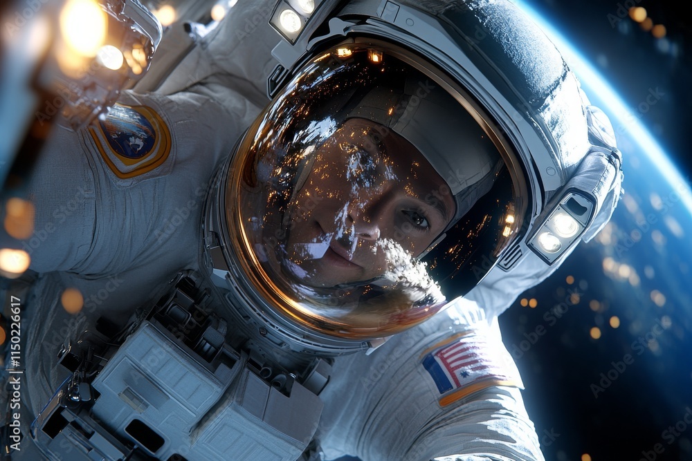 Poster astronaut takes a selfie while floating above earth, showcasing the planet and stars in the backgrou