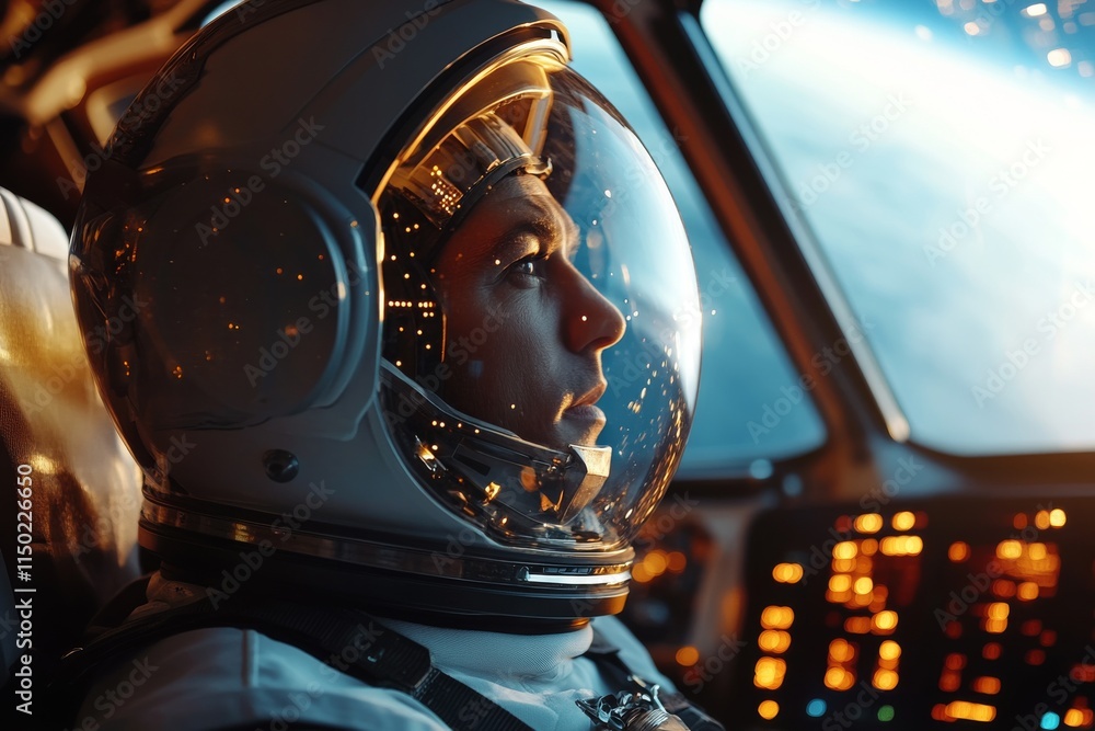 Poster astronaut gazes thoughtfully out of spacecraft window while orbiting earth during a space mission