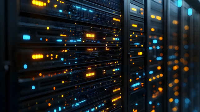 Macro shot of secure server hardware with copy space concept as A macro shot of secure server hardware with illuminated indicators showcasing robust physical security measures in futuristic data cente