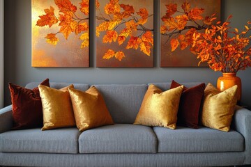 A warm and cozy living room with autumn-themed wall art above the sof displaying rich