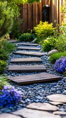 Tranquil garden pathway lined with colorful flowers and smooth stones in sunlight