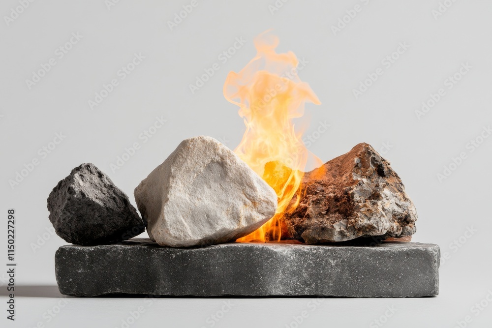 Poster natural stones arranged with flames on a smooth surface create an artistic display that highlights t