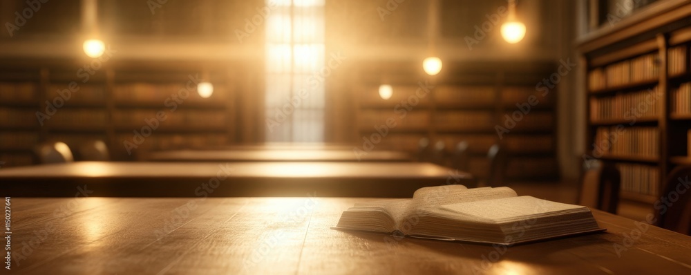 Aufkleber a warm, illuminated library scene with a focus on an open book resting on a table, surrounded by she
