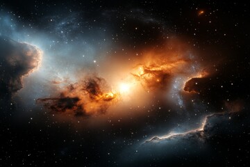 Vibrant cosmic nebula illuminated by bright stars in deep space showcasing colors of orange and blue