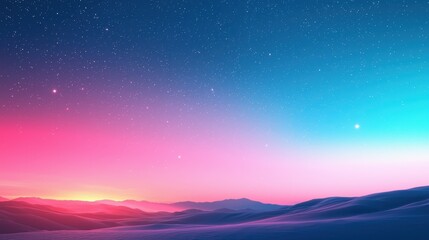 Colorful twilight sky over a serene landscape with stars twinkling brightly.