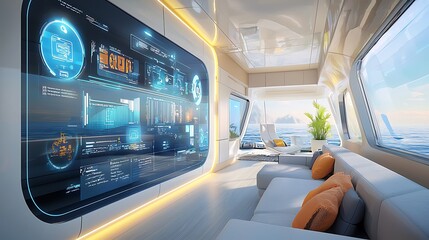 Futuristic living room with interactive wall display, ocean view.