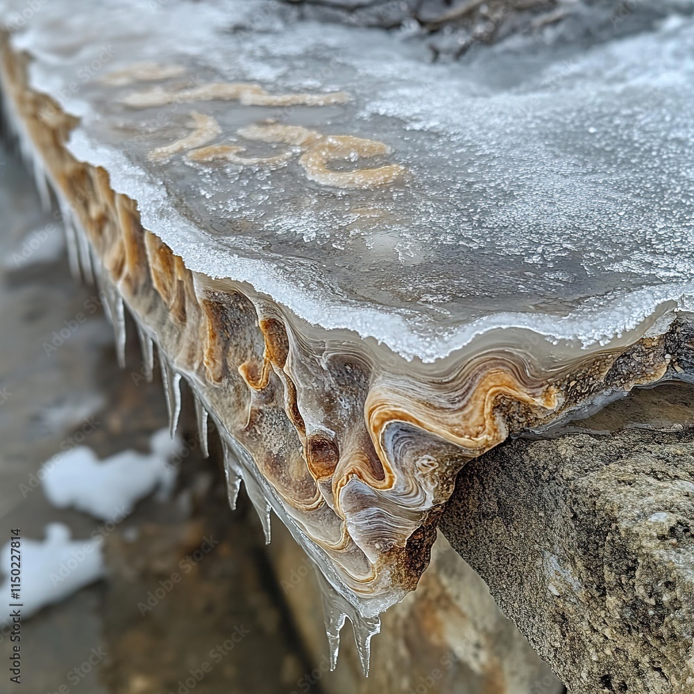 Poster melting ice patterns on a stone edge nature scene close-up view winter environment abstract concept