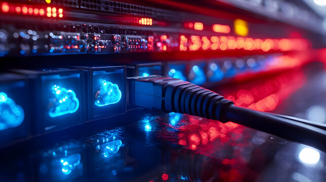 Close up of data center rack with cloud networking cables and copy space concept as A macro image focusing on a data center rack filled with cloud networking cables highlighting the infrastructure beh