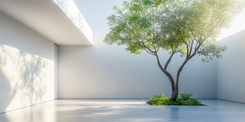 Obraz premium Bright minimalist courtyard with a single tree under clear blue sky